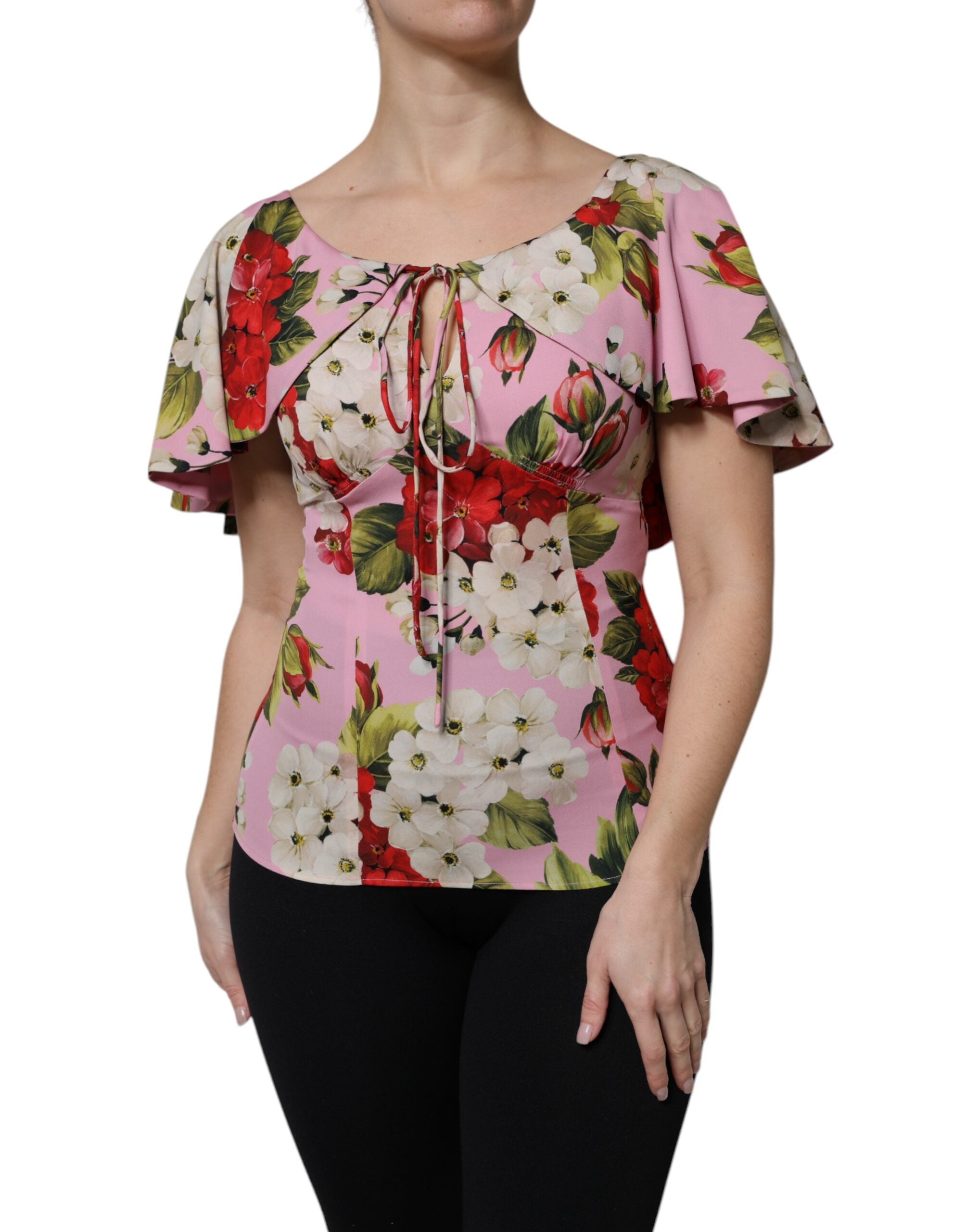 Dolce & Gabbana Pink Floral Silk Short Sleeves Blouse Top