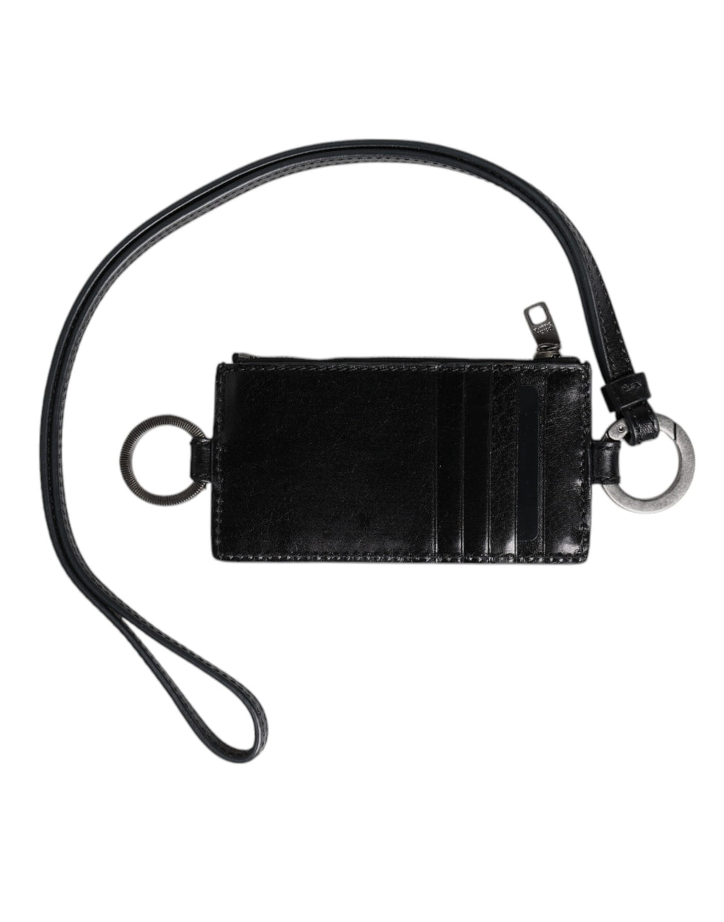 Dolce & Gabbana Black Leather Logo Embossed Lanyard Card Holder Wallet